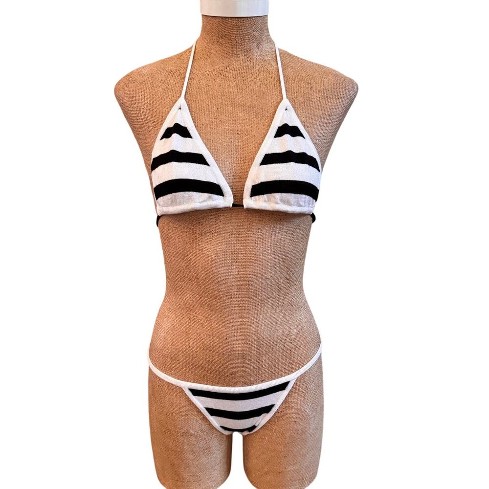 Easel Black White Stripe String Bikini Preppy Triangle Halter Top Size Small